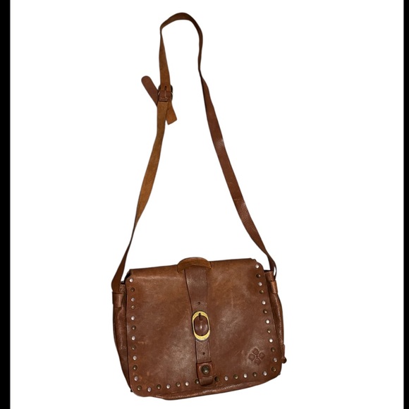 Patricia Nash Cognac Brown Tan Saddle Leather Studded Crossbody Messenger Bag - Picture 1 of 6